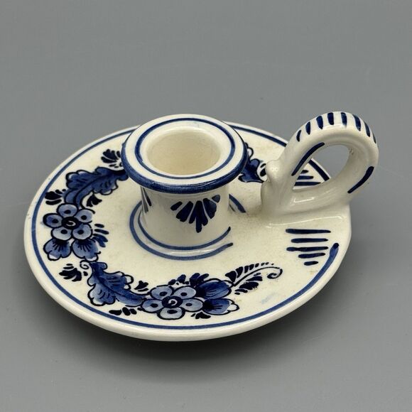 Vtg Delft Blue and White Single Taper Candle Holder Floral with Handle 4" Diam - Picture 4 of 7